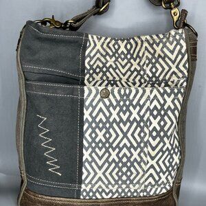 MYRA BAG GRAY PRINT UPCYYLED CANVAS & COWHIDE CROSSBODY/SHOULDER BAG W/BRASS TON